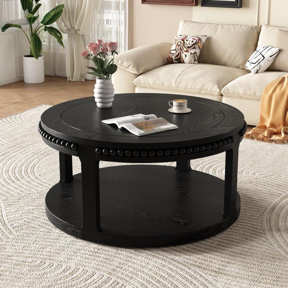 31.5 in. Black Round Solid Wood Coffee Table with 2-Tier Rustic Desktop and Storage Shelf