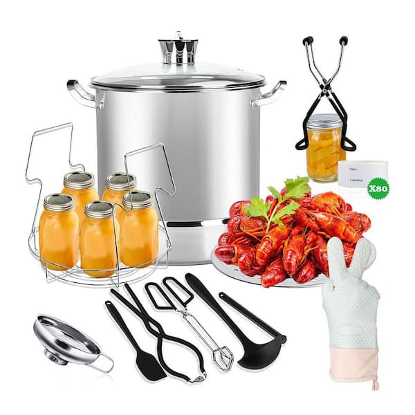 21.5 qt. Stainless Steel Water Bath Canner Kit Silver Finish with Lid Rack Funnel Tongs for All Cooktops
