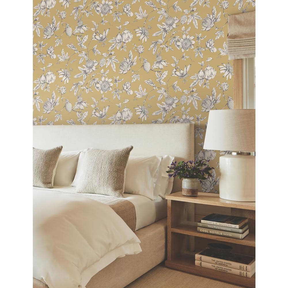 Golden Harvest Passion Flower Toile Floral Wallpaper