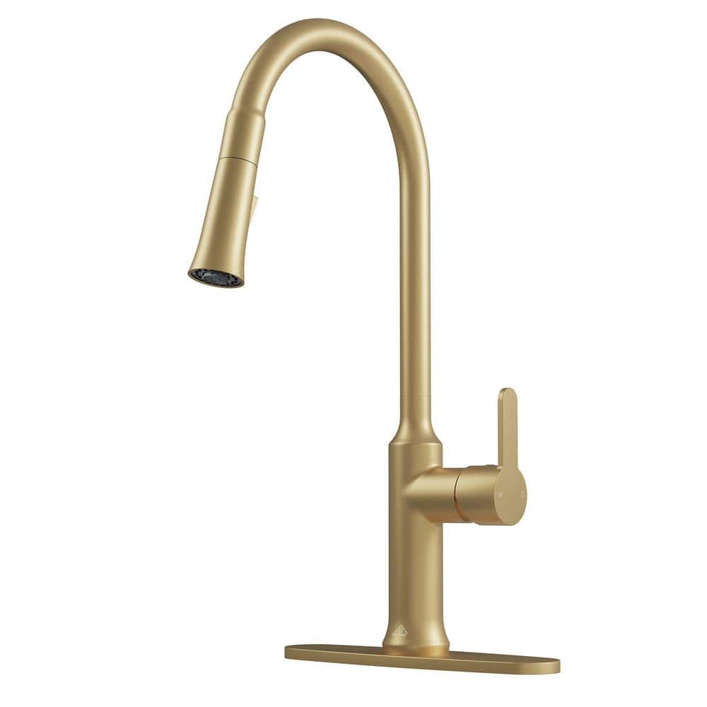 Boyel Living 2-Spray Patterns Single Handle Pull Down Sprayer Kitchen Faucet with Deckplate and Water Supply Hoses in Brushed Gold