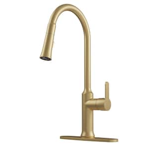2-Spray Patterns Single Handle Pull Down Sprayer Kitchen Faucet with Deckplate and Water Supply Hoses in Brushed Gold