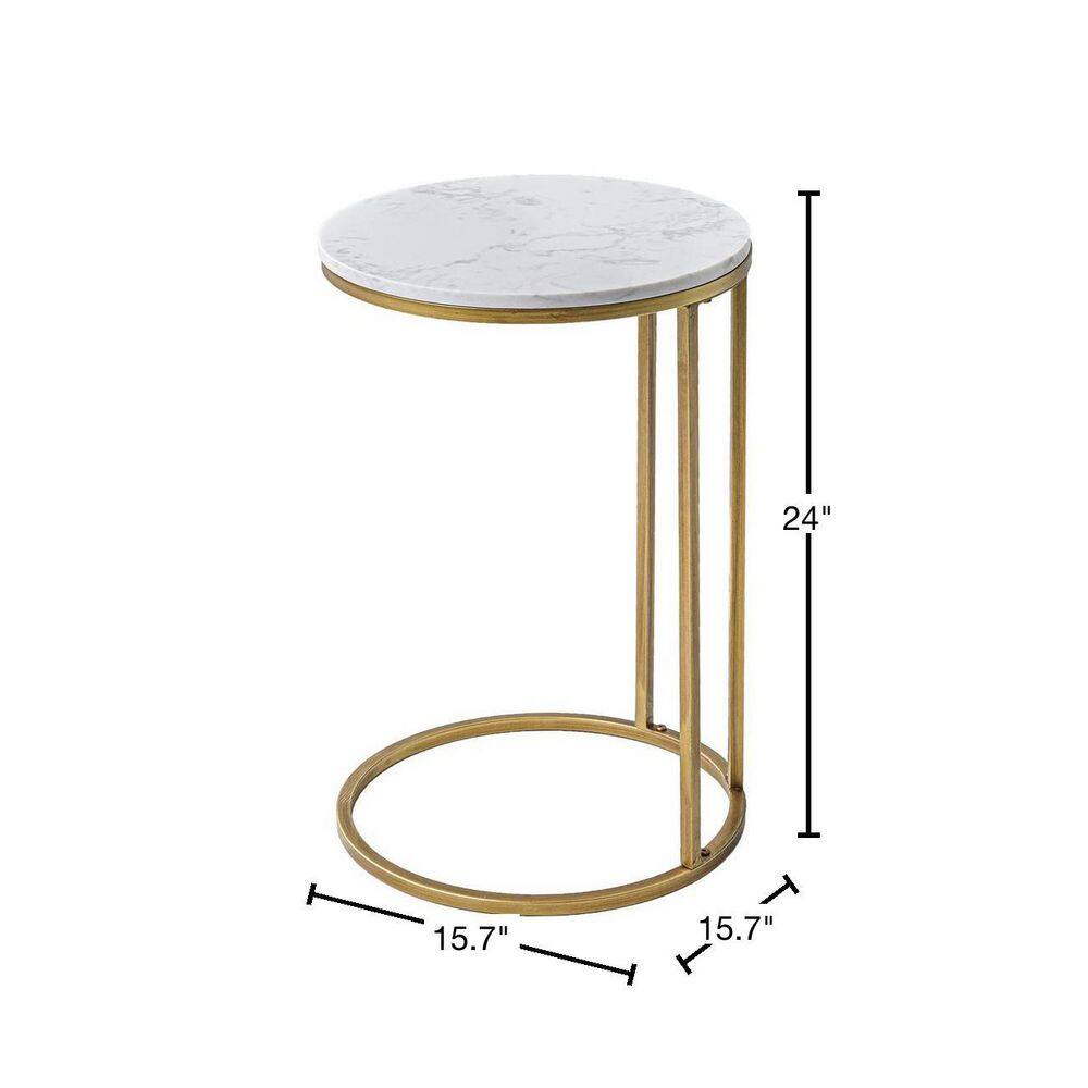 Round White Faux Marble and Gold Metal Side Table