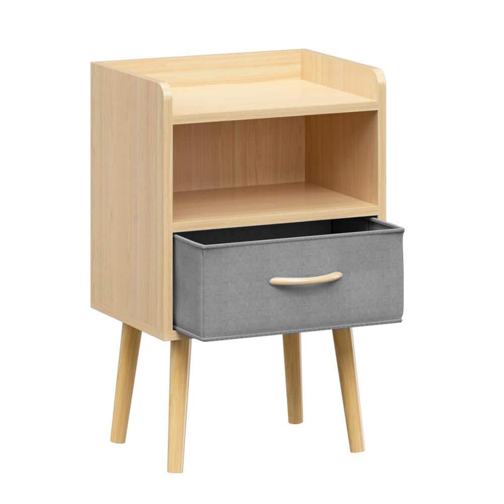 12 in. Brown Rectangle Wood End Table with Storage Cabinet Collapsible Fabr