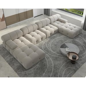 138 in. W Square Arm 6 Seater 6-Piece U Shaped Free Combination Sectional Sofa with Ottoman in Beige