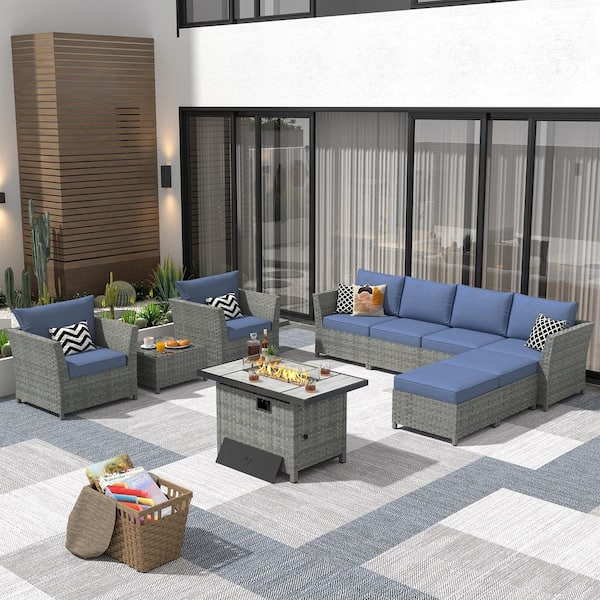 XIZZI Denali Gray 10-Piece Wicker Outerdoor Patio Rectangular Fire Pit Set with Demin Blue Cushions