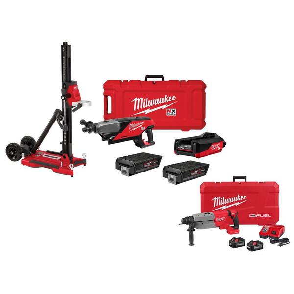 MX FUEL Lithium-Ion Cordless Handheld Core Drill Kit with Stand, 2 Batteries, Charger, & Rotary Hammer Kit
