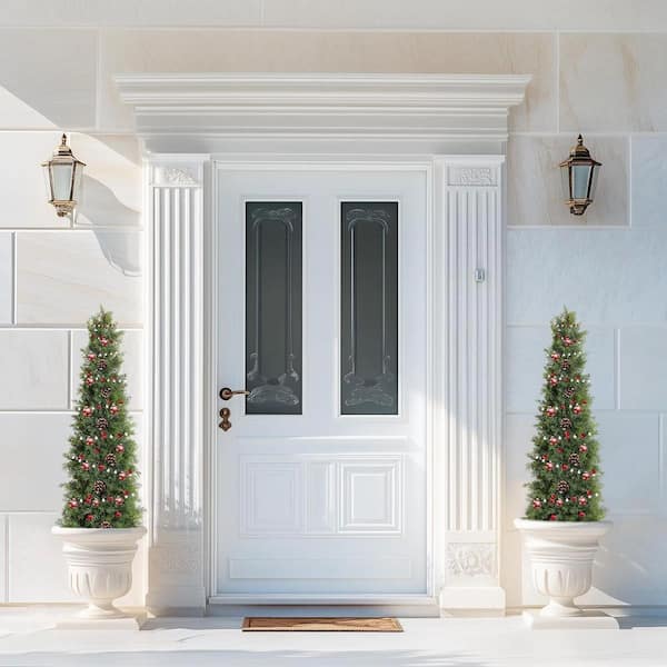 4 ft. 48 in. Tall Faux Cedar Trees, Set of 2 Artificial Cedar Topiary Tree in Pot, Potted Fake Cypress Plant Front Decor
