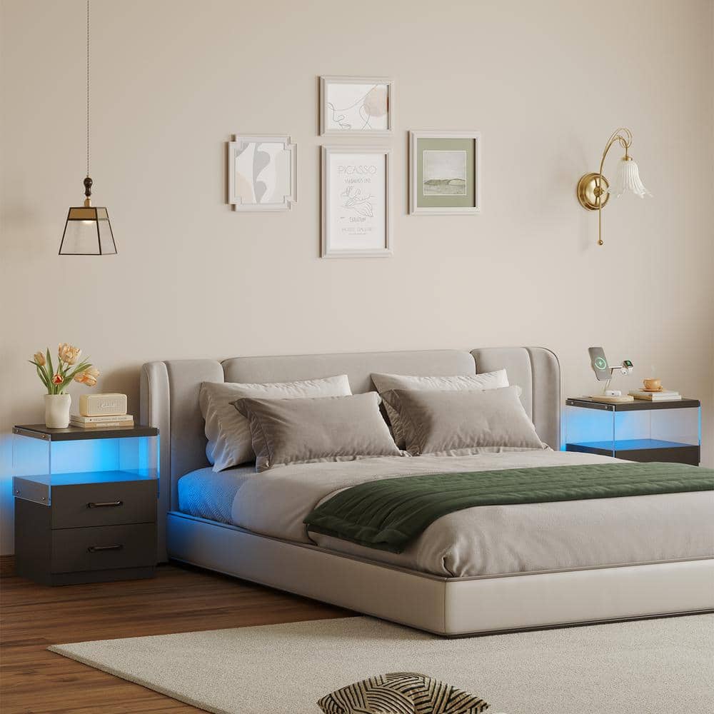 Black Modern 2 Drawers Nightstand with Adjustable LED Lights, 18 in. W x 12
