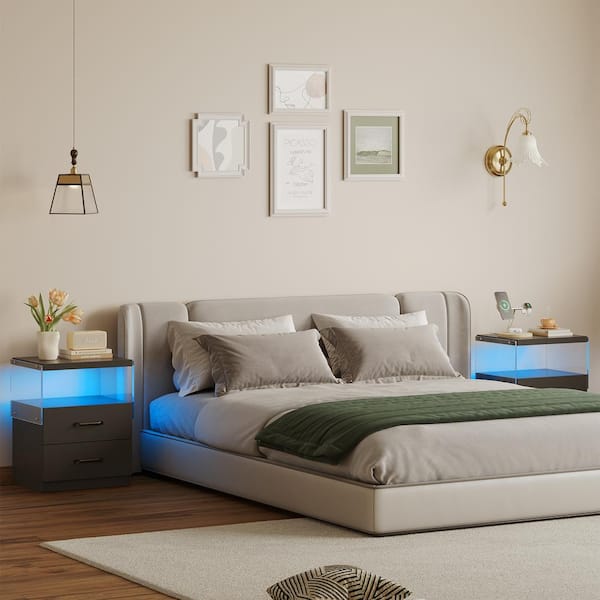 Black Modern 2 Drawers Nightstand with Adjustable LED Lights, 18 in. W x 12 in. D x 22 in. H