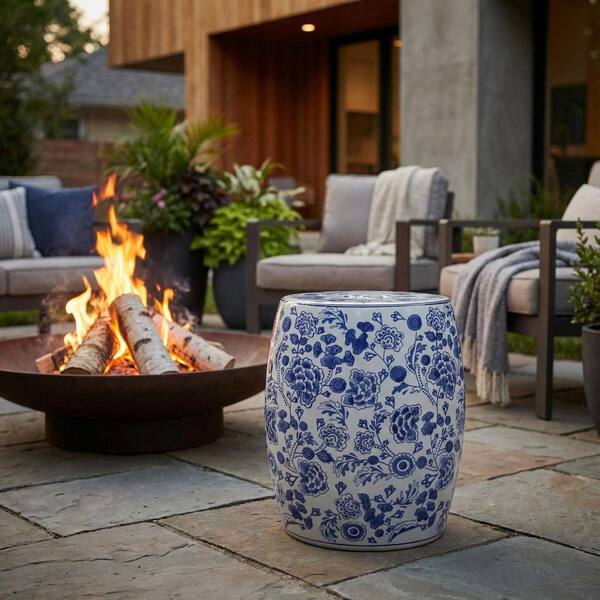Liv & Skye Blue 18 in. Ceramic Round Hydrangea Chinoiserie Garden
