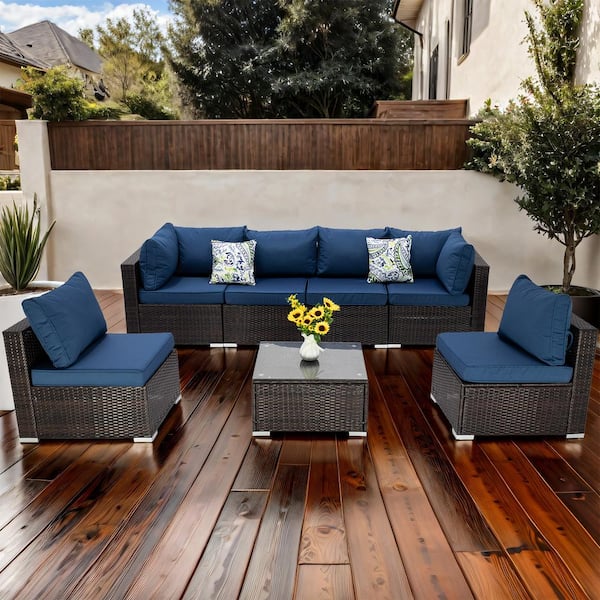 Cesicia 7-Piece Brown Wicker Outdoor Sectional Set Patio Conversation Set with Peacock Blue Cushions and Coffee Table
