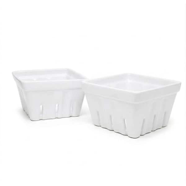 Square Ceramic Berry Basket with Drainage Holes and Rustic Stoneware Finish, 5.7 in Colander for Berries