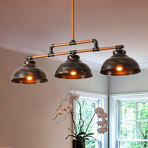 Octyn 42 in. 3-Light Black and Brushed Gold Industrial Pendant Light with Dome Metal Shades