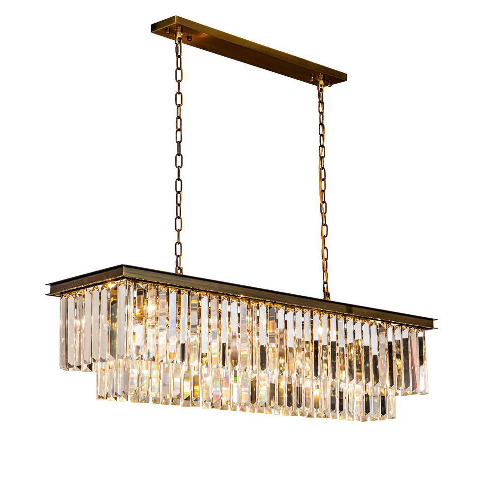 Antique Gold Rectangular Crystal Chandelier with Clear Glass Shade