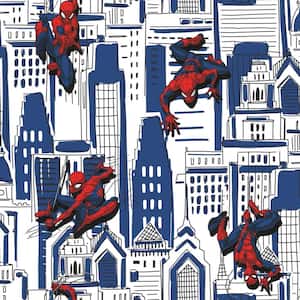 Spider-Man Cityscape Blue Vinyl Peel and Stick Matte Wallpaper 28.18 sq. ft.