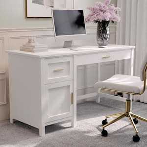 54 in. Rectangle White/Polished Brass Engineered Wood 2-Drawers Computer Desk