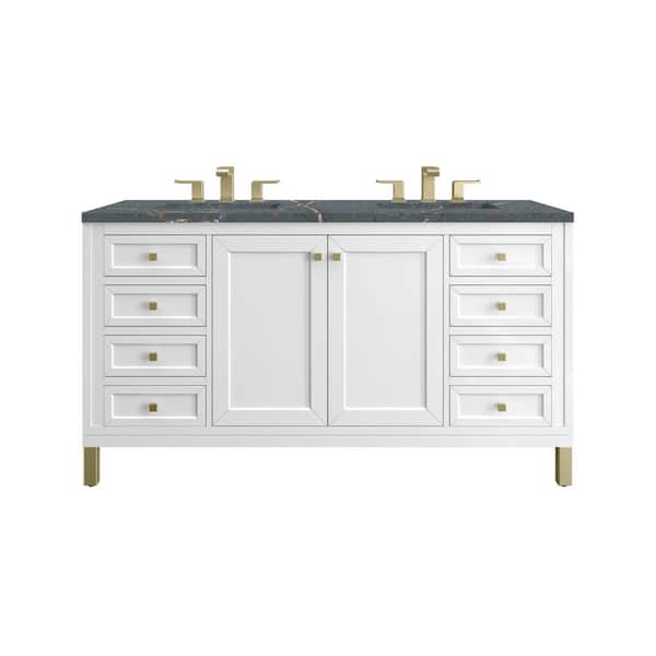 James Martin Vanities Chicago 60.0 in. W x 23.5 in. D x 34.0 in. H Single Bathroom Vanity Glossy White and Parisien Bleu Quartz Top