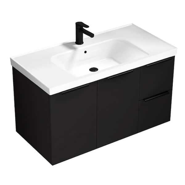 Frame 35.4 in. Modern Freestanding Bath Vanity in Matte Black with White Ceramic Top