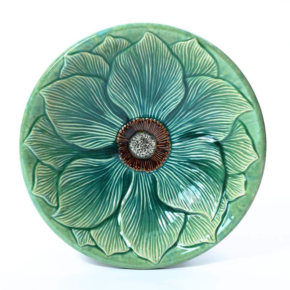 Aqua Green Ceramic Flower Carved Birdbath, 22-Inch Tall
