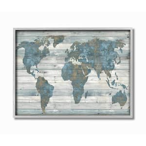 16 in. x 20 in. "Slate Blue and Tan Rustic Planked Look Weathered World Map" by Jamie MacDowell Framed Wall Art