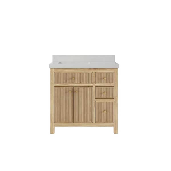 Willow Collections Sonoma Teak 36 in. W x 22 in. D x 36 in. H Left Offset Sink Bath Vanity in Light Teak with 2" Carrara Quartz Top