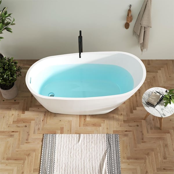 59 in. x 29 in. Freestanding Soaking Bathtub in Glossy White with Chrome Left Drain