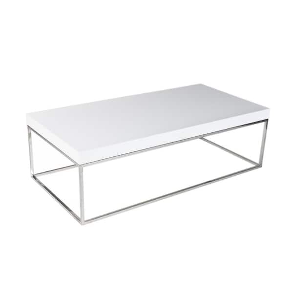 Benjara Zen 48 in. White and Chrome Rectangle Wood Coffee Table with Chrome Steel Frame