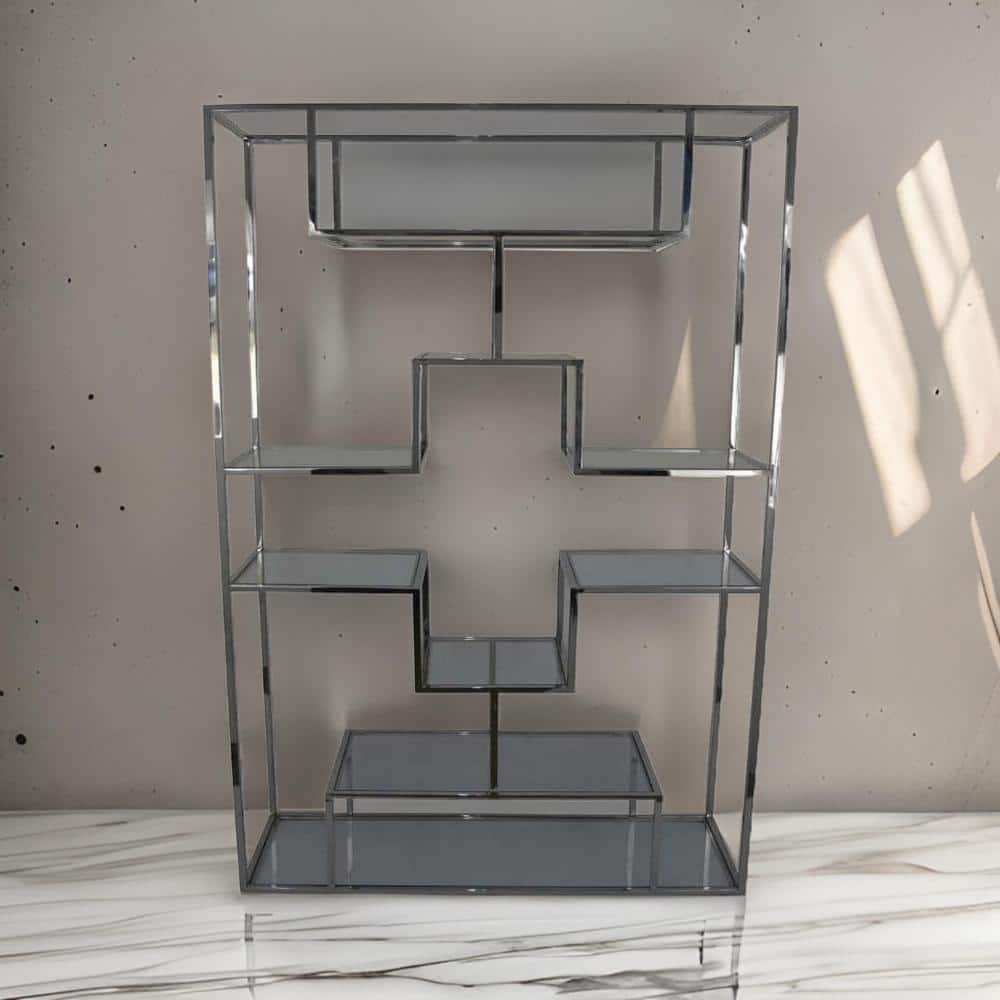 Adena Tall Silver Metal Plant Stand with Geometric Shelves