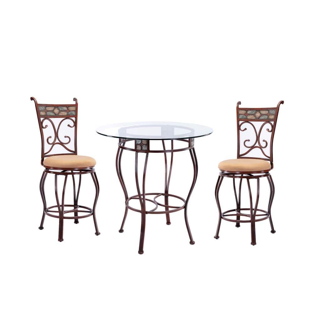 Beau 36 Counter Height 3-Piece Pub Set - Brown Finish with Glass Top