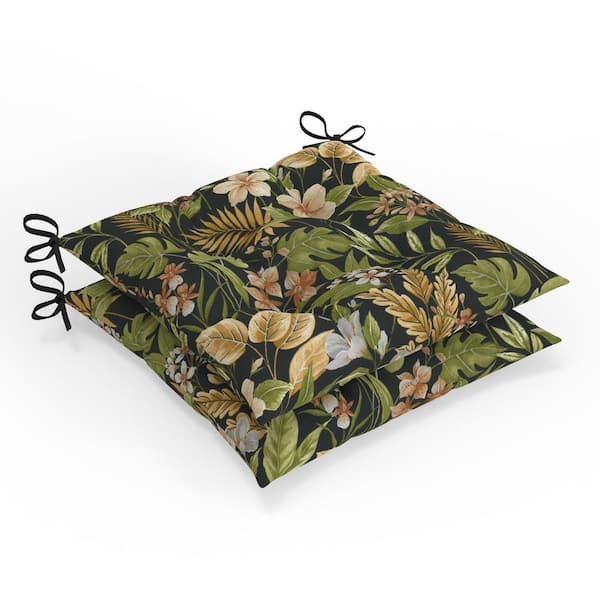 Pillow Perfect Tropic Floral 19 in W x 5 in H Square Outdoor Tufted Wicker Chair Seat Pad with Ties 2-Count in Black Carena Ebony