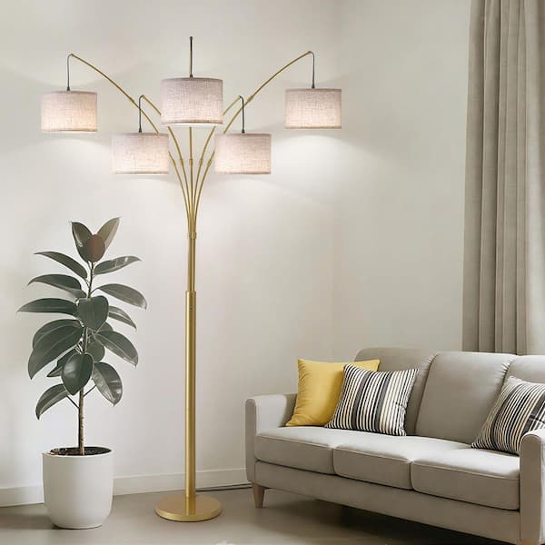 80" Arc Gold Modern 5-Light Tall Standing Tree-Style Floor Lamp with Remote, Adjustable Arched Arm, 3-Color Temperature