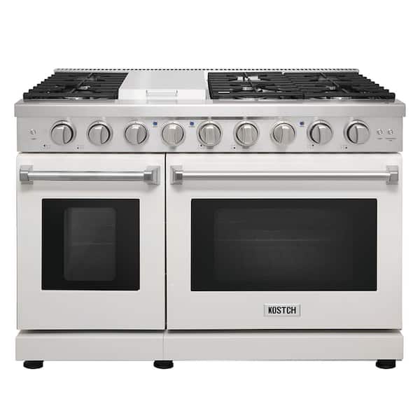 48 in. 6.8 cu. ft. 6 Burners Freestanding Double Oven Gas Range in Stainless Steel with Griddle and White Oven Door