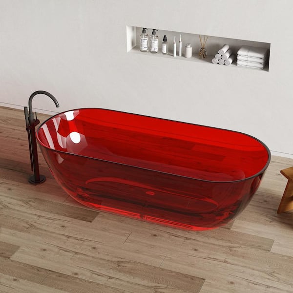 69 in. x 29.5 in. Stone Resin Solid Surface Flatbottom Freestanding Soaking Bathtub in Transparent Red