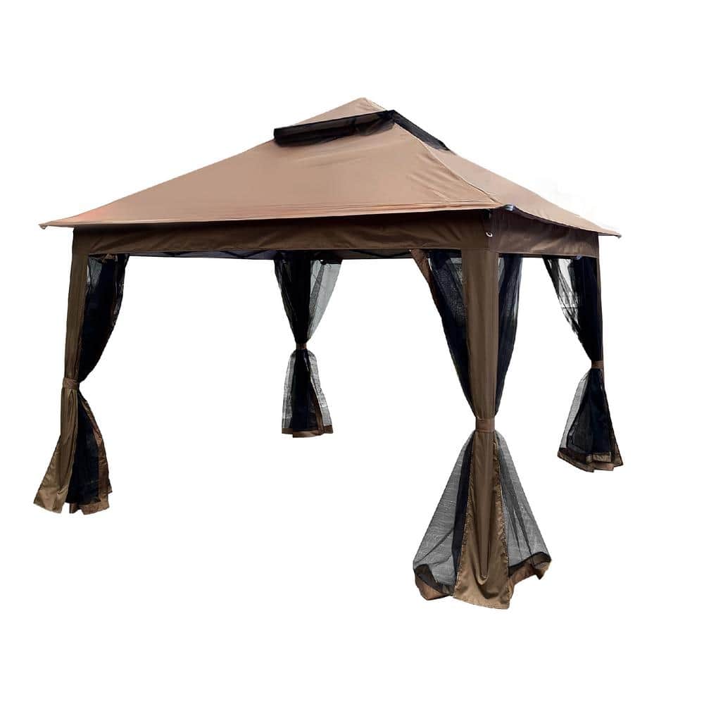 11 ft. x 11 ft. Brown Pop-Up Gazebo Canopy with Removable Zipper 2-Tier Sof