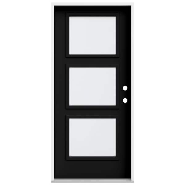 JELD-WEN 36 in. x 80 in. Left-Hand/Inswing 3 Lite Equal Clear Glass Black Steel Prehung Front Door