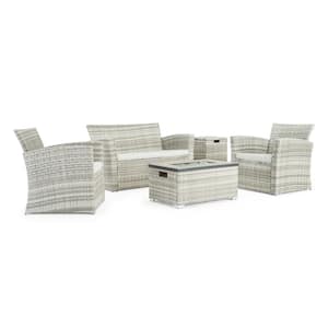 Magna Grey 4-Piece Wicker Patio Fire Pit Conversation Set with Grey Cushions