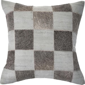 Check Silver / Brown Square Block Faux Leather Hide 20 in. x 20 in. Throw Pillow