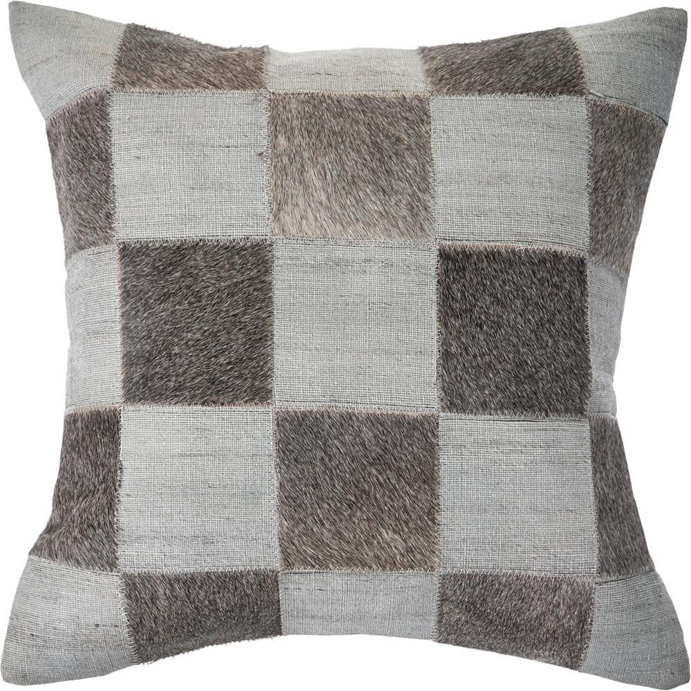 Check Silver / Brown Square Block Faux Leather Hide 20 in. x 20 in. Indoor 