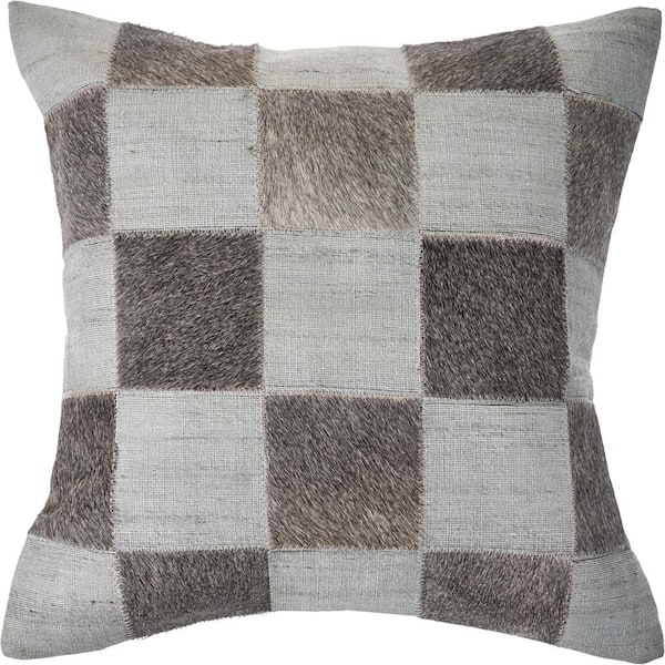 Unbranded Check Silver / Brown Square Block Faux Leather Hide 20 in. x 20 in. Indoor Throw Pillow