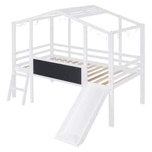 White Wood Frame Twin Size House Loft Bed with Slide, Blackboard and Light Strip on the Roof