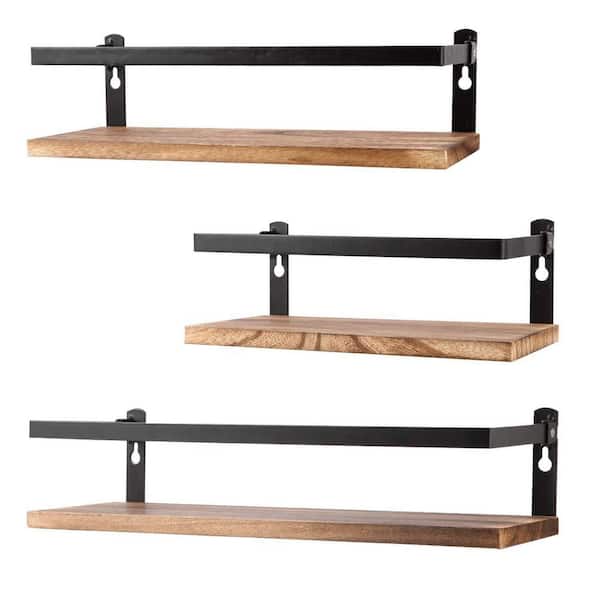 3.85 in. H x 14/11/17 in. W 5-Bottle Carbonized Black Rustic Wood and Metal Bar Shelves Set of 3 for Kitchen Bathroom