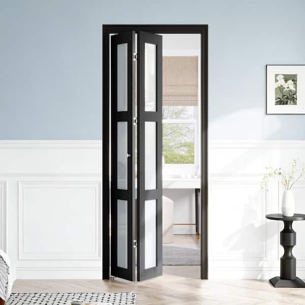 32 in. x 80 in. 3 Lite Frosted Glass Solid Core Black Finished MDF Composite Wood Bi-Fold Door with Hardware Kit
