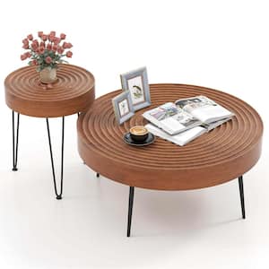 Ripple 31.5 in. Brown Round Wood Coffee Table with Adjustable Feet and (2-Pieces)