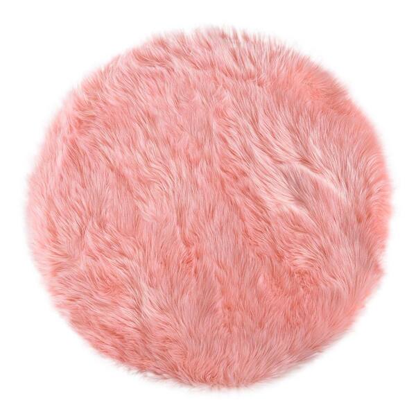 Latepis Sheepskin Faux Furry Pink Fuzzy Rugs 6 ft. 6 in. Round Area Rug