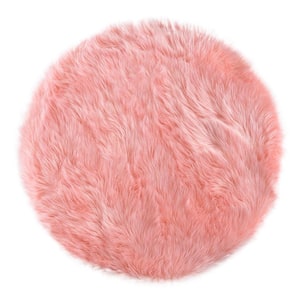 Sheepskin Faux Furry Pink Cozy Rugs 3 ft. x 3 ft. Round Area Rug