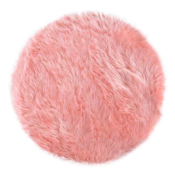Latepis Sheepskin Faux Furry Pink Cozy Rugs 3 ft. x 3 ft. Round Area Rug