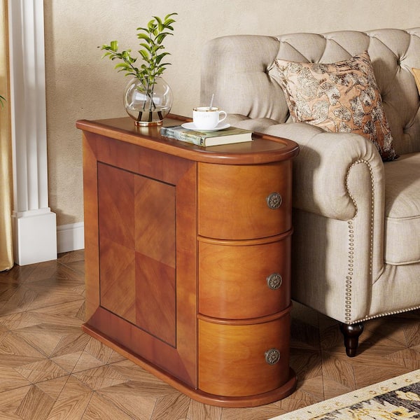 Kerlin 10.8 in. Walnut Rectangular Real Wood End Table with 3-Drawer, No Assembly Required Solid Side Table
