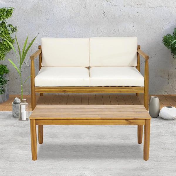 Zeus & Ruta 2-Piece Wood Outdoor Loveseat with Beige Cushions and Coffee Table