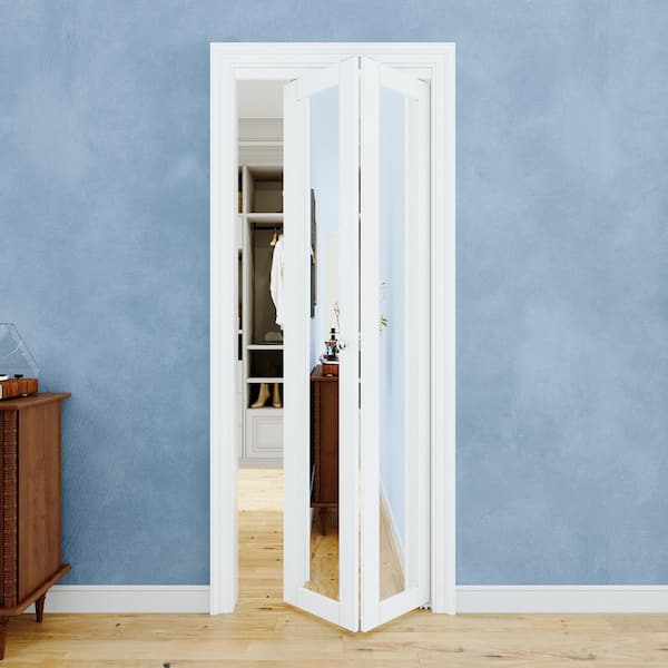30 in. x 96 in. 1-Lite Mirrored Glass and Solid Core White Finished MDF Close Bi-fold Door with Hardware