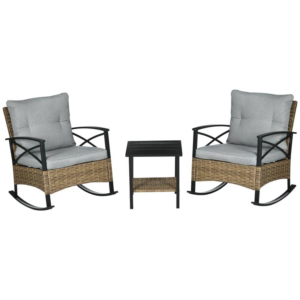 3-Piece Light Gray Wicker Outdoor Bistro Set with 2-Cushioned Porch Rockers